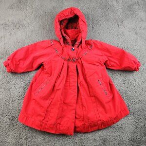VTG Rothschild Pea Coat Girls 3T Red Blue Fur Lined Bow Pleated Hooded Holiday